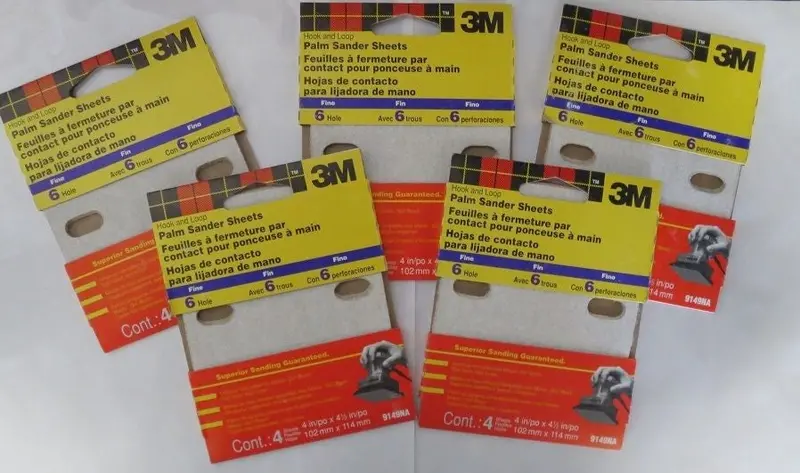 3M Hook-and-Loop Palm Sander Sheets — 4-Inch x 4.5-Inch, 6-Hole, 5-Pack