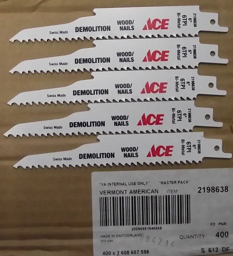 ACE by Bosch 2198638 Demolition Reciprocating Saw Blades — 6″ Length, 6 TPI, Bi-Metal, 5-Pack, Swiss Engineered