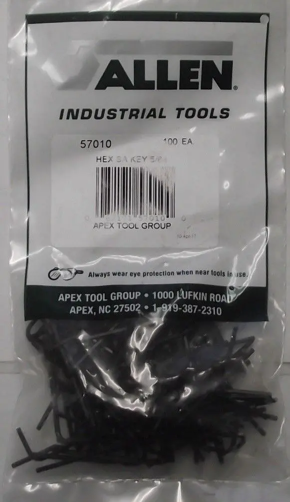 Allen 57010 Short-Arm Hex Keys — 5/64-Inch, 100-Piece Bulk Pack, USA-Made