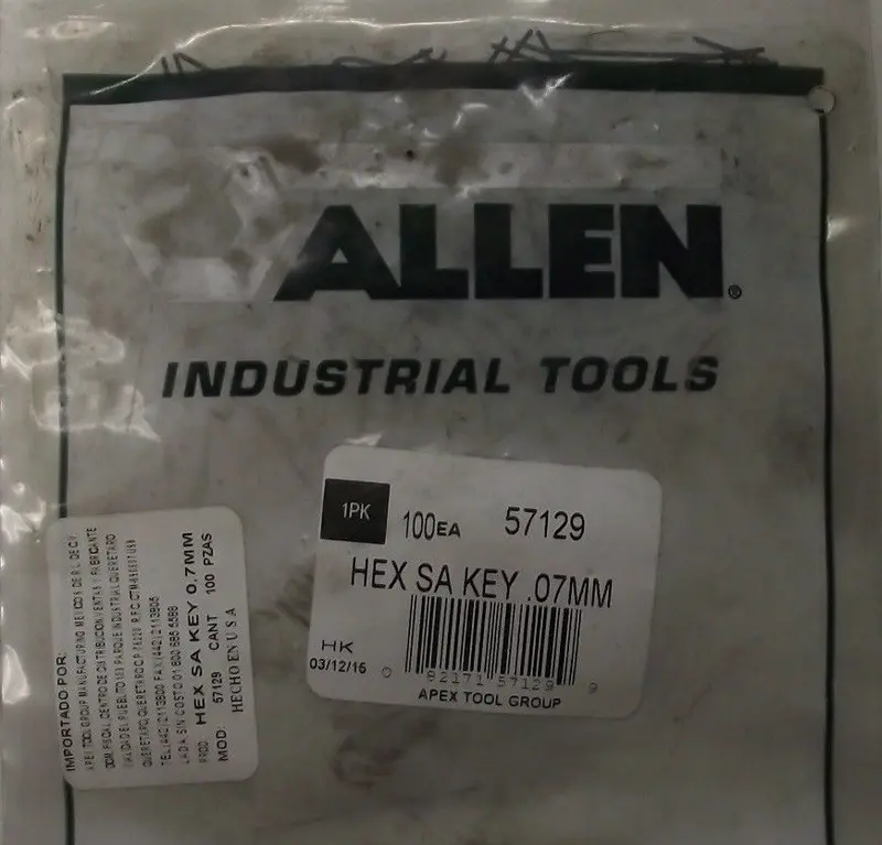 Allen 57129 0.7mm Metric Hex Wrenches – 100-Pack, 1-1/4″ Length, USA-Made
