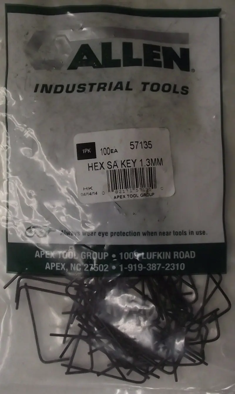 Allen 57135 Mini Hex Key Set – 1.3mm Short-Arm Keys (100-Pack, USA-Made)