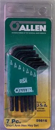 Allen 59816 Short Hex Key Set – 7-Piece, Alloy Steel, Sizes 5/64″ to 3/16″, USA-Made