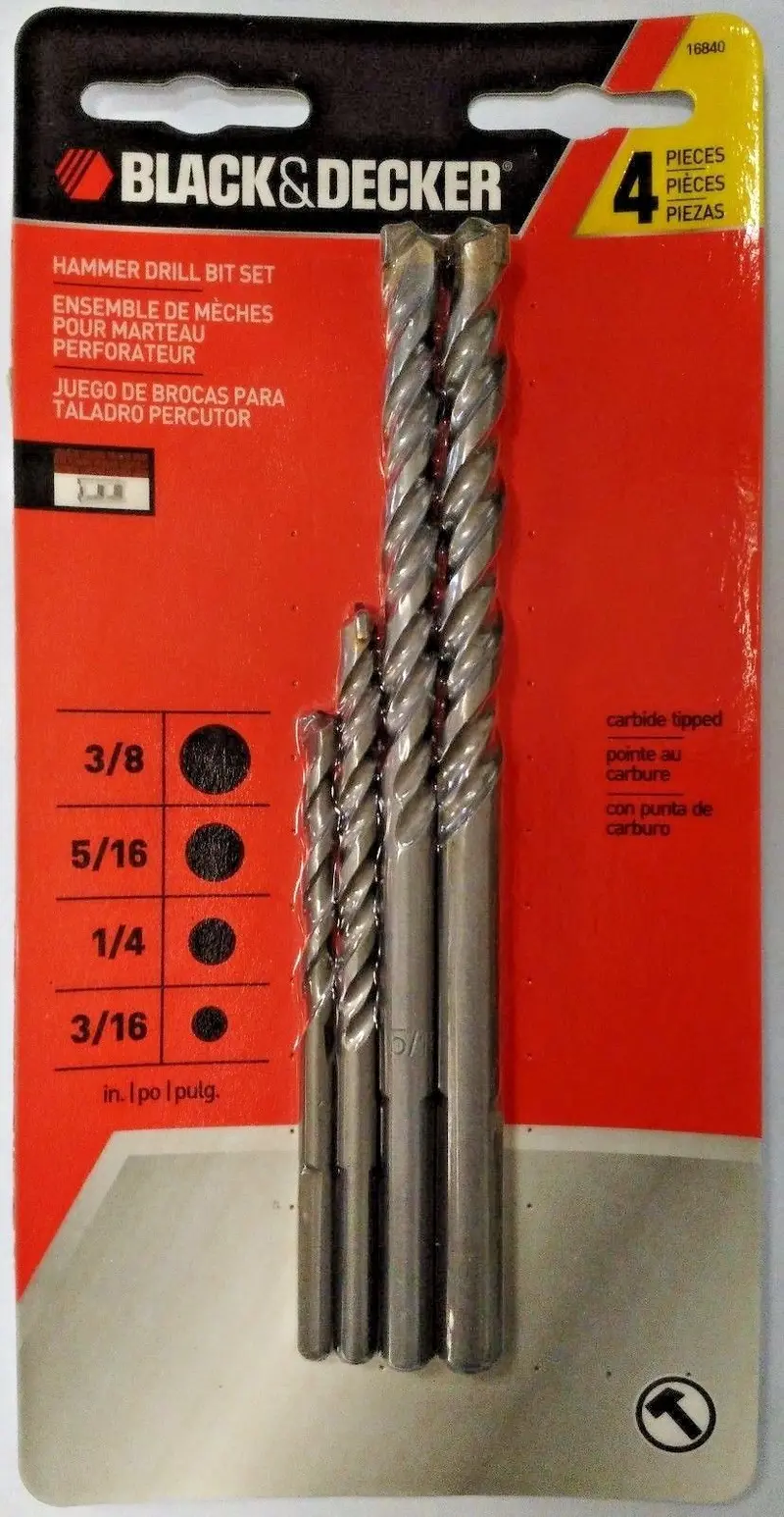 Black+Decker 16840 4-Piece Hammer Drill Bit Set – 3/16″, 1/4″, 5/16″, 3/8″