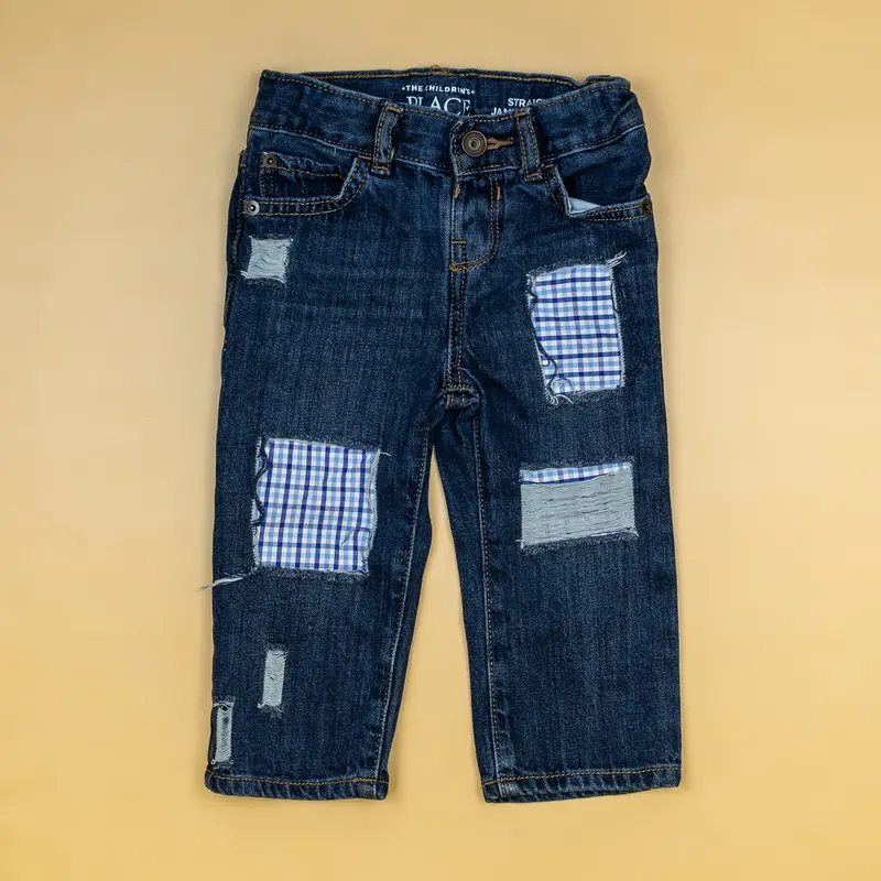 Blue Checkered Distressed Denim Jeans