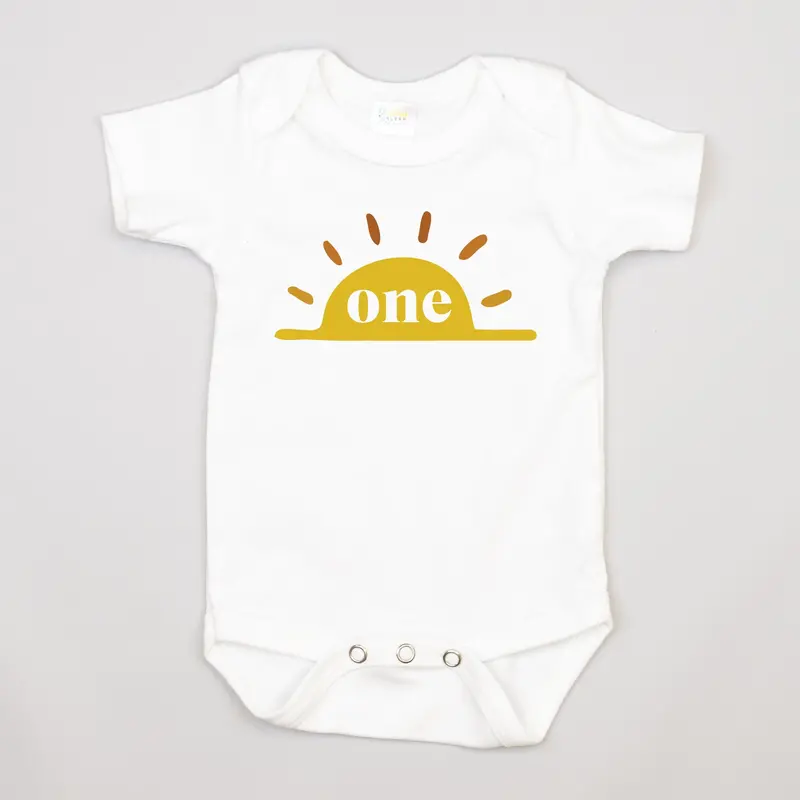 Boho-Chic White Bodysuit Celebrating First Birthday with Sun Design