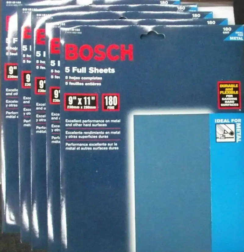 Bosch SS1B180 Sandpaper Sheets – 9″ x 11″, 180 Grit, 5-Pack (Manufactured in Italy)