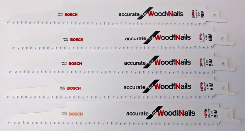 BOSCH SWN9 Bi-Metal Reciprocating Saw Blades – 9-Inch, 6 TPI, 5-Pack for Metal & Wood