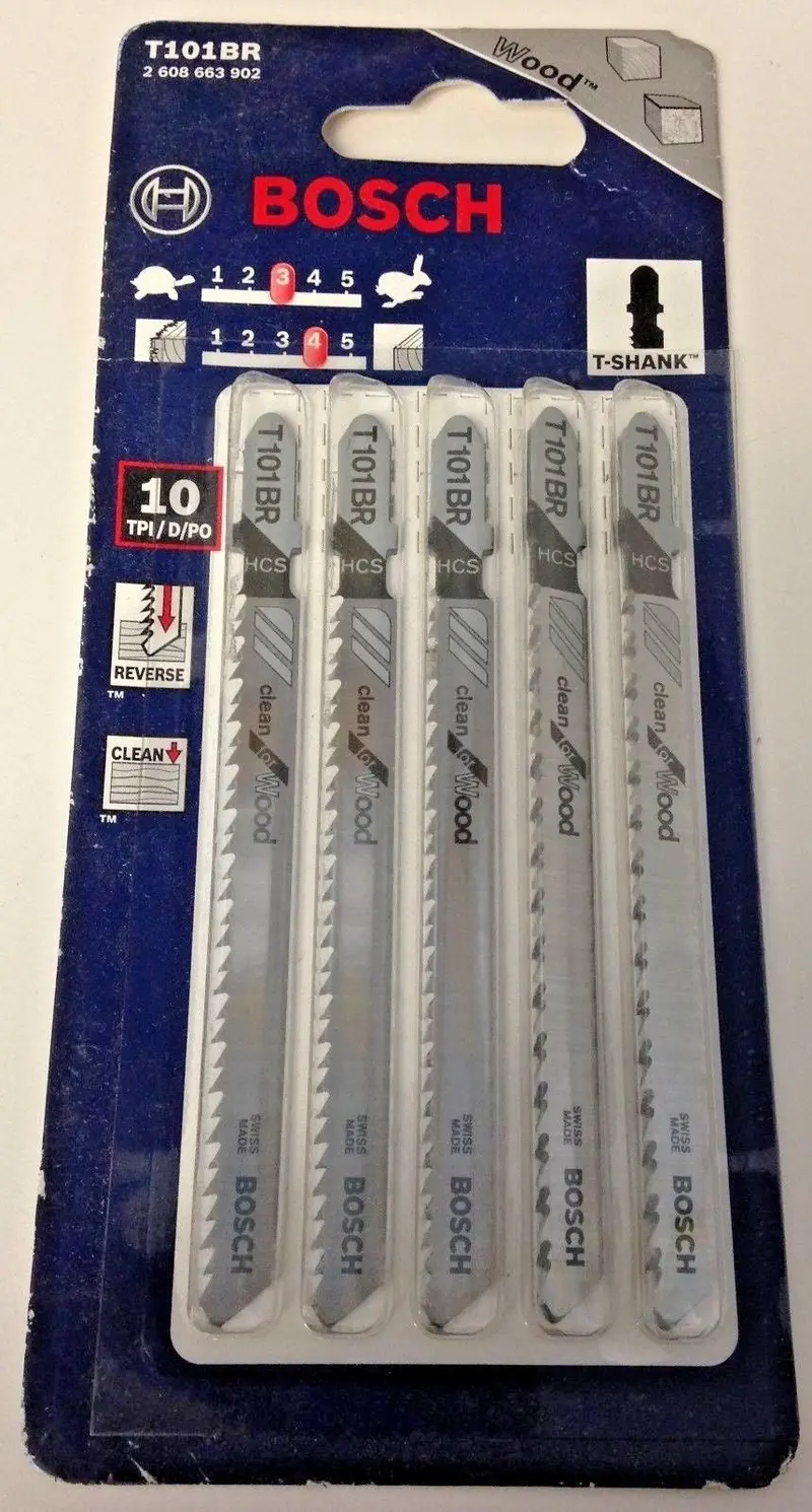 Bosch T101BR Reverse-Pitch Jig Saw Blades for Clean Wood Cuts – 4″ x 10 TPI, T-Shank, 5-Pack