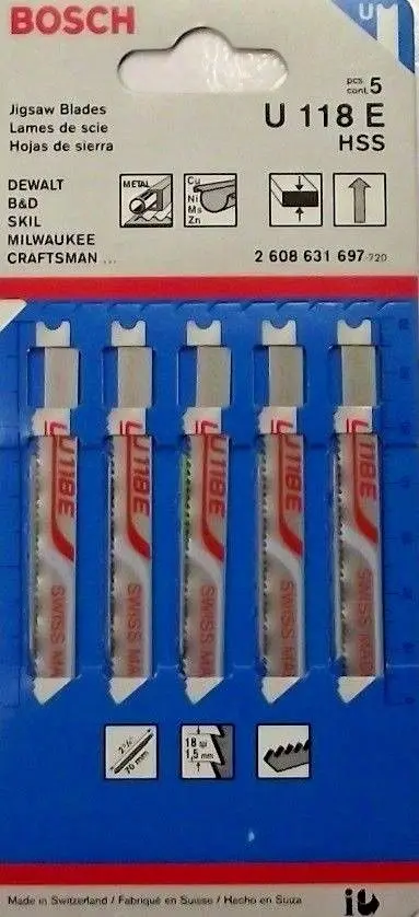 BOSCH U-Shank Jigsaw Blades – 3-1/8″, 18 TPI, High-Speed Steel, 5-Pack