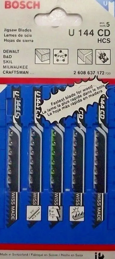 BOSCH U-Shank Jigsaw Blades – 3-5/8″, 8 TPI, Swiss-Made, 5-Pack