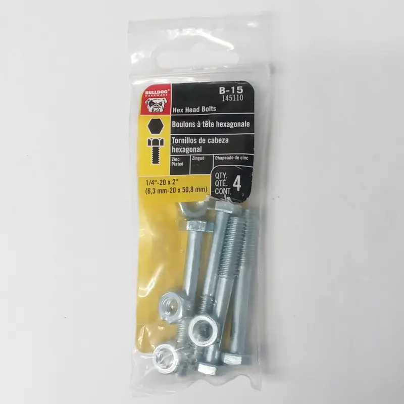 Bulldog B-15 Hex Head Bolts – 1/4″-20 x 2″, Zinc-Plated, 4-Pack