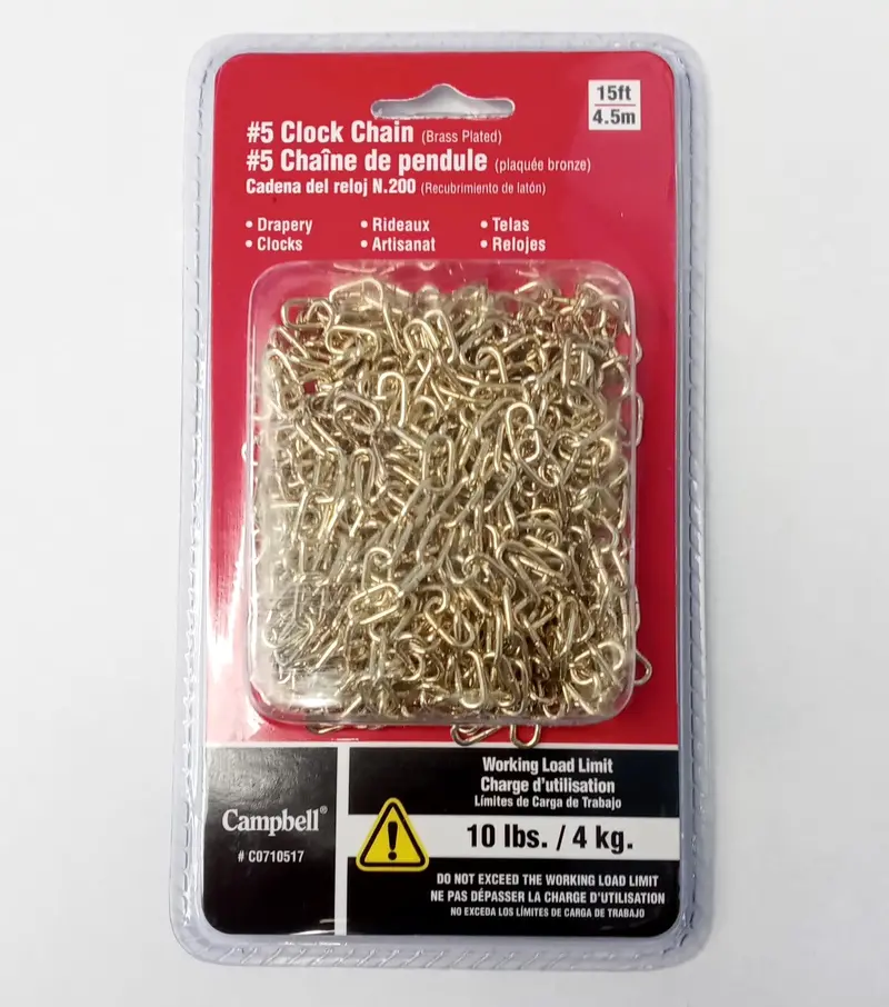 Campbell C0710517 #5 Brass-Plated Clock Chain – 15 ft, 10 lb Working Load