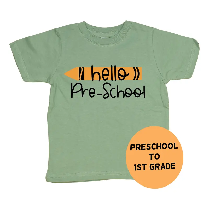 Crayon-Themed ‘Hello School Year’ Tee in Sage Green