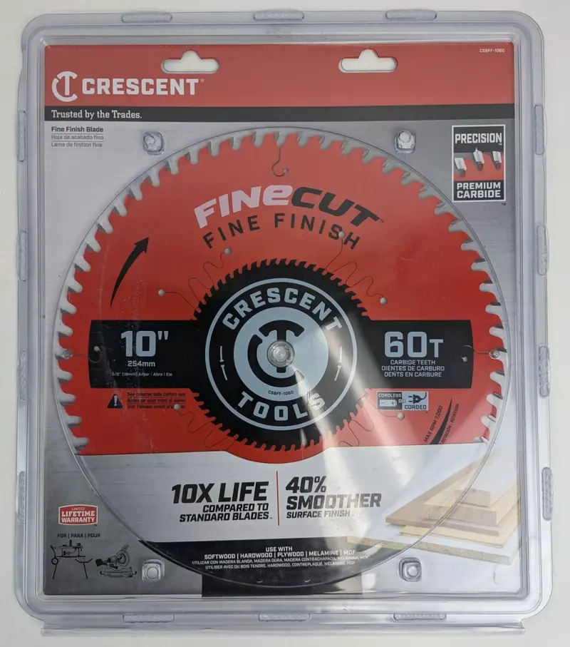 Crescent 10″ Fine-Finish Saw Blade – 60-Tooth Carbide-Tipped for Smooth Cuts