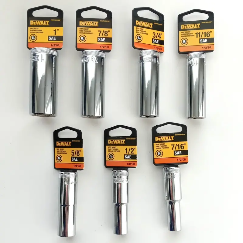 DEWALT DWMT889490SP Deep Socket Set – 1/2″ Drive, 6-Point, SAE Sizes (7/16″–1″), 7-Piece