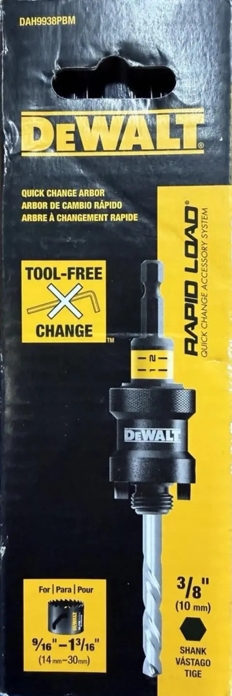 DEWALT Rapid-Load Hole Saw Arbor – 3/8-Inch Shank for Quick Bit Changes (DAH9938PBM)
