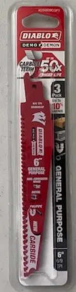 Diablo DS0609CGP3 Demo Demon Recip Blades – 6/9 TPI, General-Purpose Carbide, 3-Pack (Switzerland)