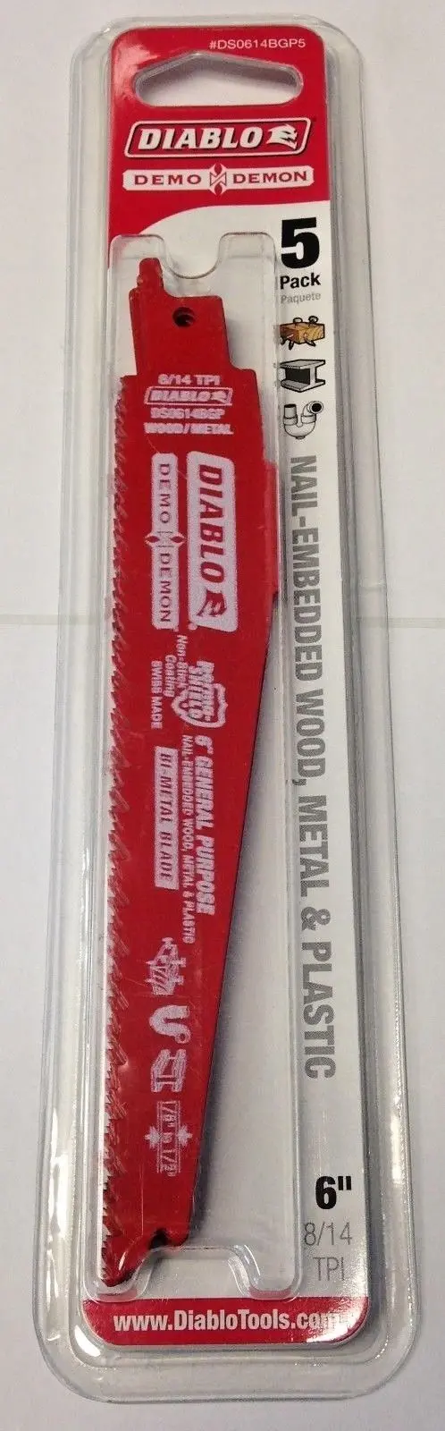 Diablo DS0614BGP5 Reciprocating Saw Blades — 6″ × 8/14 TPI, General Purpose, 5-Pack