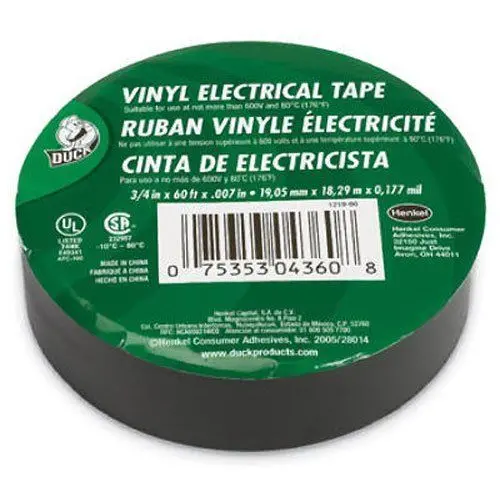 Duck Utility Vinyl Electrical Tape — 3/4″ x 60 ft. x 0.007″ Thickness — Single Roll