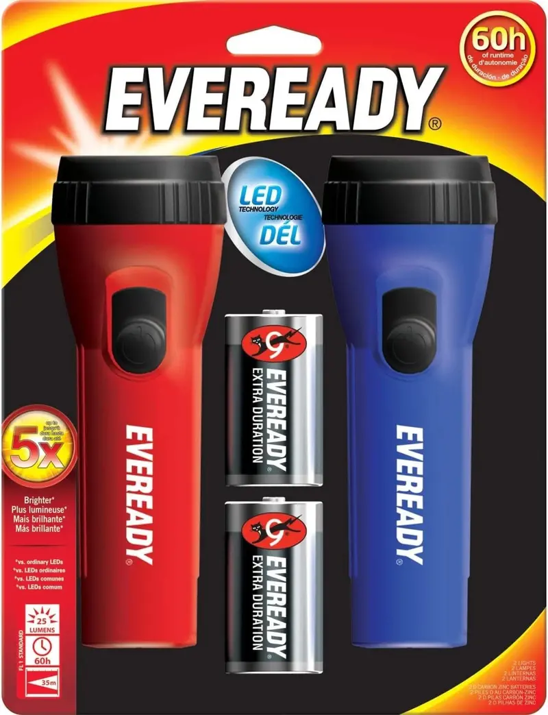 Eveready EVEL152S LED Flashlight 2-Pack – 60-Hour Runtime, Includes Batteries (Red & Blue)
