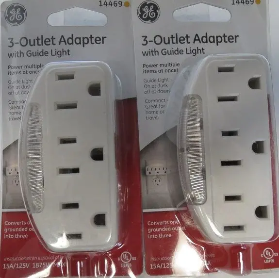 GE 14469 Triple-Outlet Adapter with Illuminated Guide Light – 2-Pack