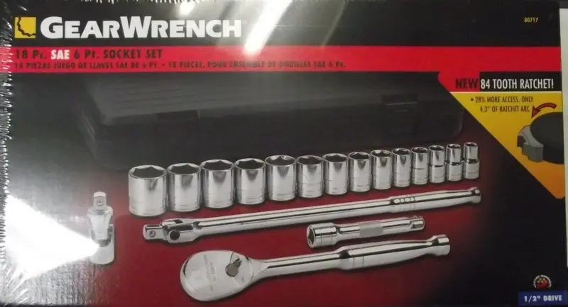 GearWrench 80717 17-Piece 1/2″ Drive Socket Set with 84-Tooth Ratchet & 6-Point SAE Sockets