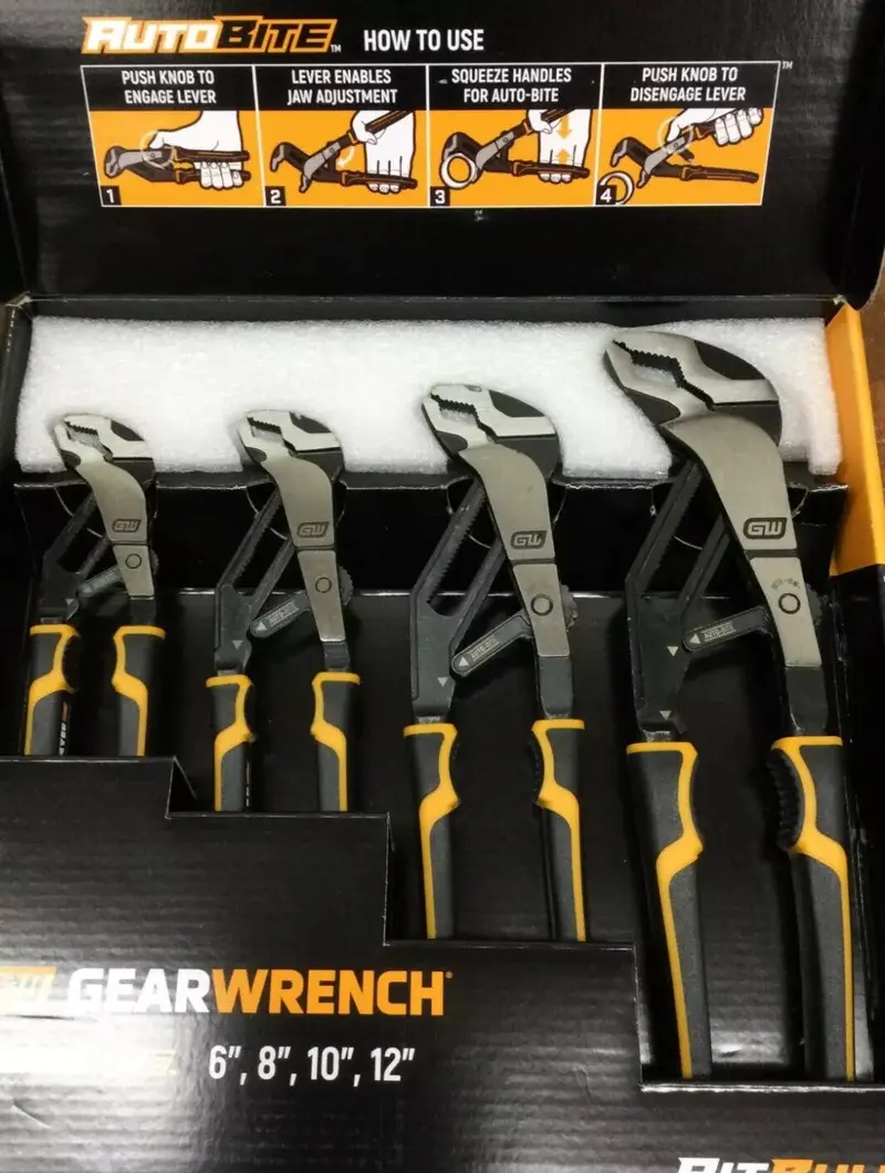 GearWrench PITBULL Auto-Bite Tongue-and-Groove Pliers – Dual-Material 4-Piece Kit