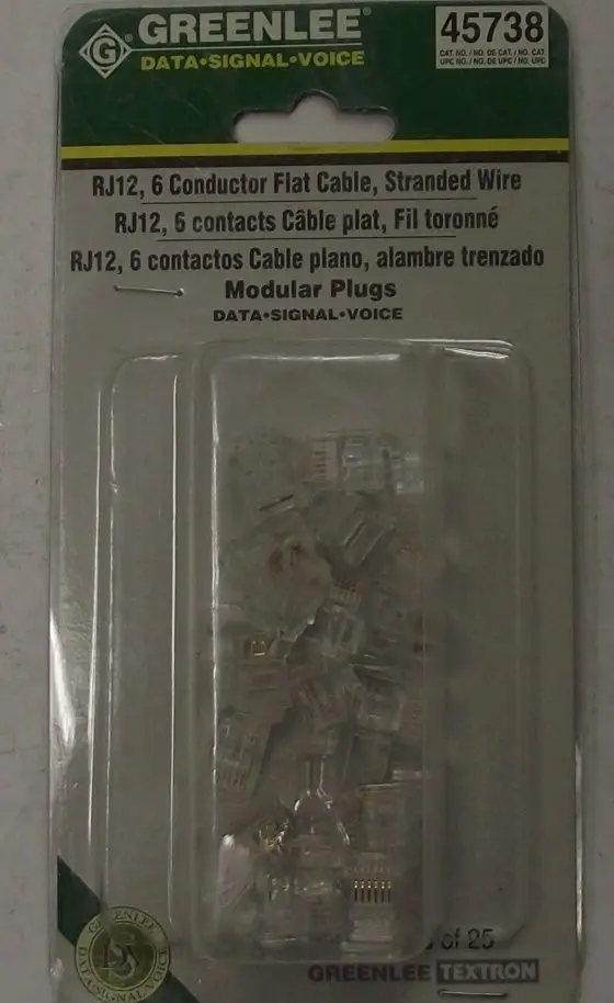Greenlee 45738 RJ12 6-Conductor Crimp Connector – Stranded Flat Cable, 25-Pack