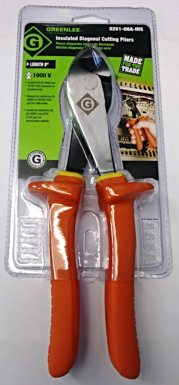 Greenlee 8-Inch Insulated Diagonal Cutting Pliers – Rated to 1000V, Model 0251-08A-INS