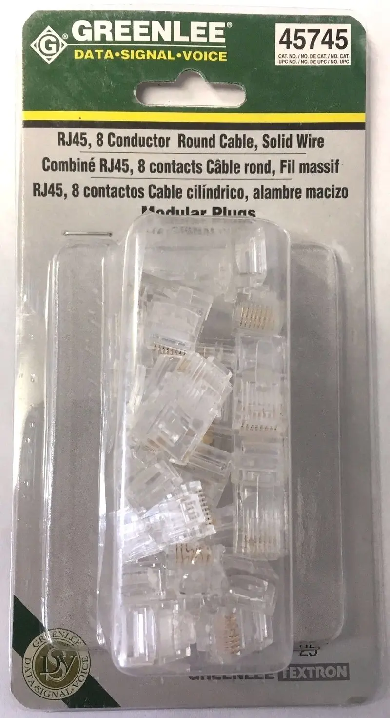 Greenlee RJ45 Modular Plugs – 8-Conductor for Round Solid-Wire Cable, 25-Pack (45745)