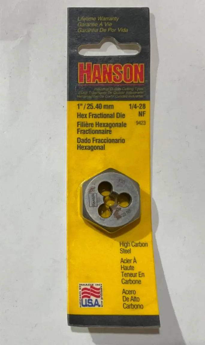 Hanson 1/4-28 NF Hex Die – USA-Made Threading Tool