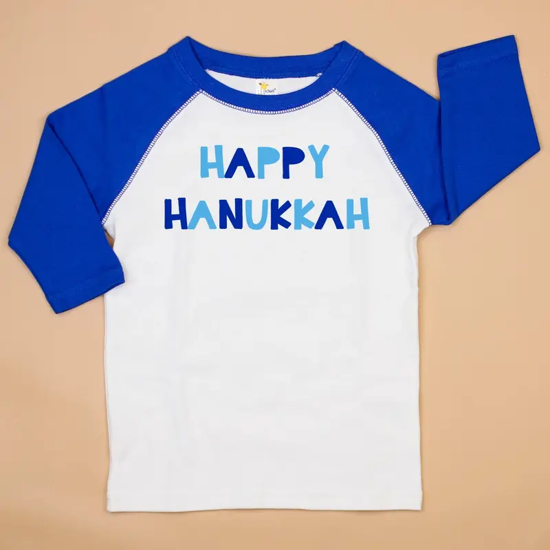 Happy Hanukkah Blue Raglan Shirt – Holiday Adult Top