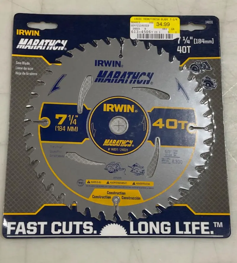 Irwin Marathon Carbide-Tipped Circular Saw Blade – 7-1/4″ × 40T for Trim & Finish Cuts
