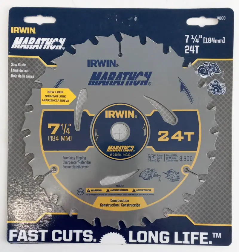 IRWIN Marathon Circular Saw Blade – 7-1/4″, 24T, Optimized for Structural Lumber and Ripping
