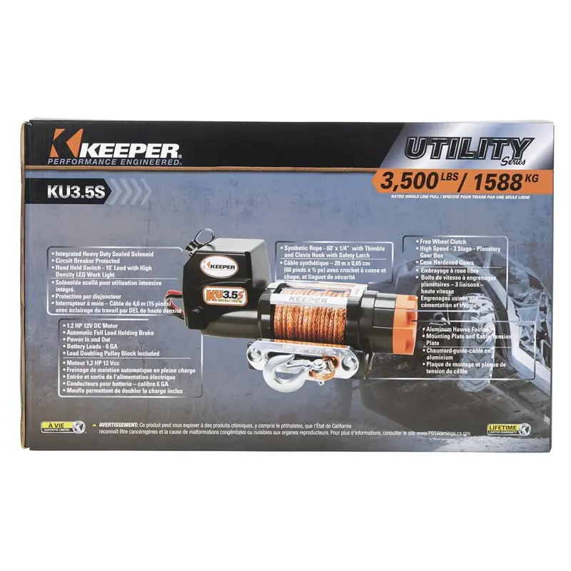 Keeper KU35082-1 DC Winch – 3500 lb Capacity, 12V, Includes Remote and Mounting Plate