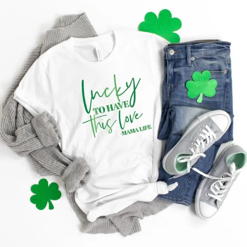 Mama T-Shirt: ‘Lucky to Have This Love’ in Metallic Green Ink