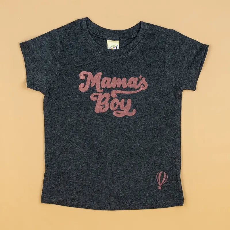 ‘Mama’s Boy’ Retro T-Shirt in Mauve on Charcoal