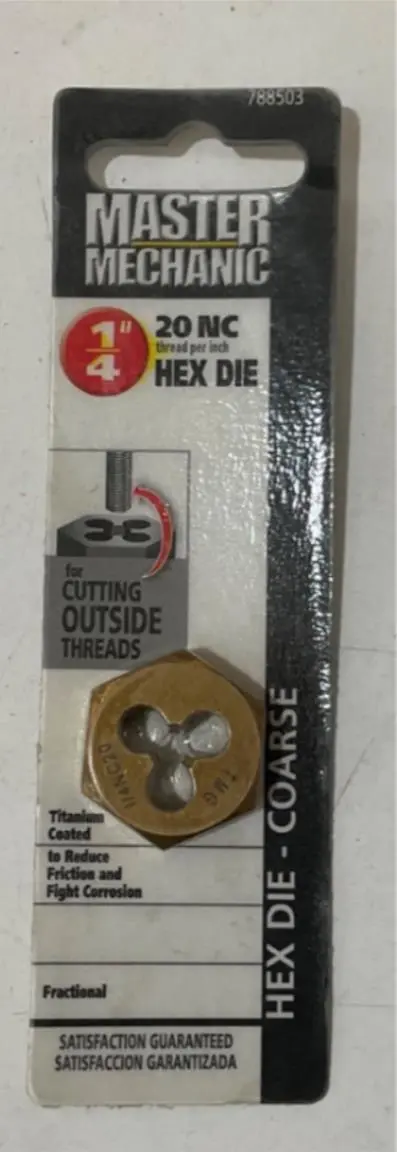 Master Mechanic Titanium-Coated 1/4″-20 NC Hex Die — Coarse Thread (Model 788503)