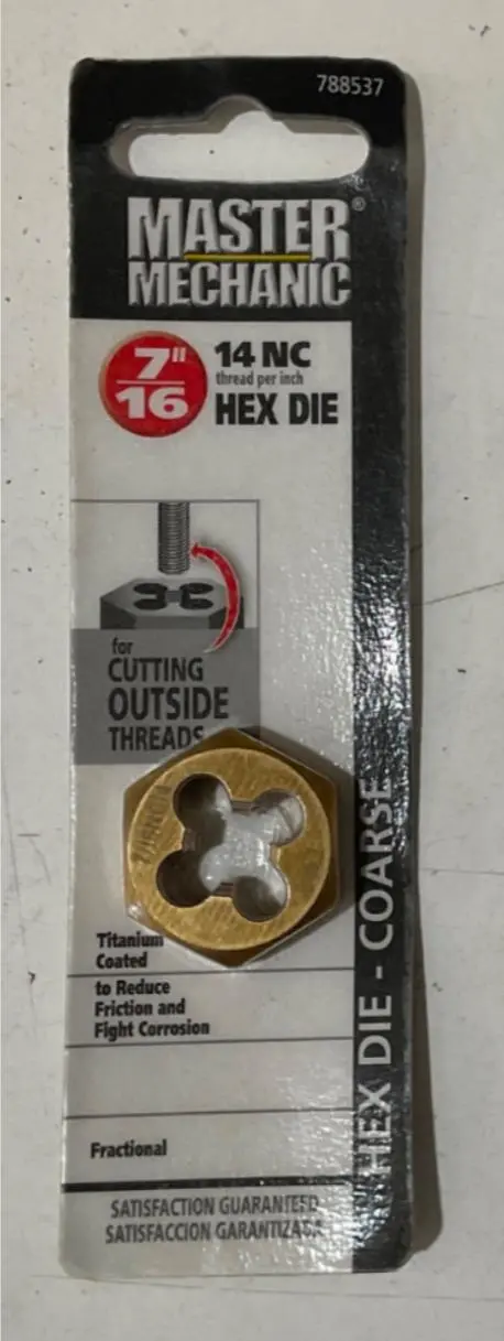 Master Mechanic Titanium-Coated 7/16″-14 NC Hex Die — Coarse Thread (Model 788537)
