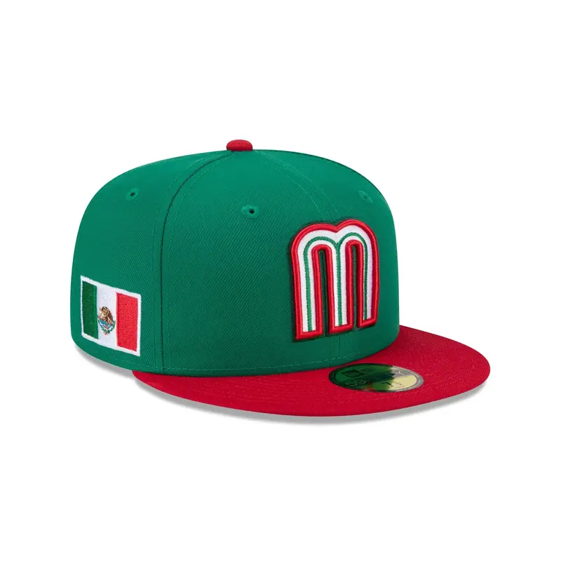 Mexico WBC 2026 Adult Fitted Cap – Dual-Tone Green and Red Featuring Flag Motif