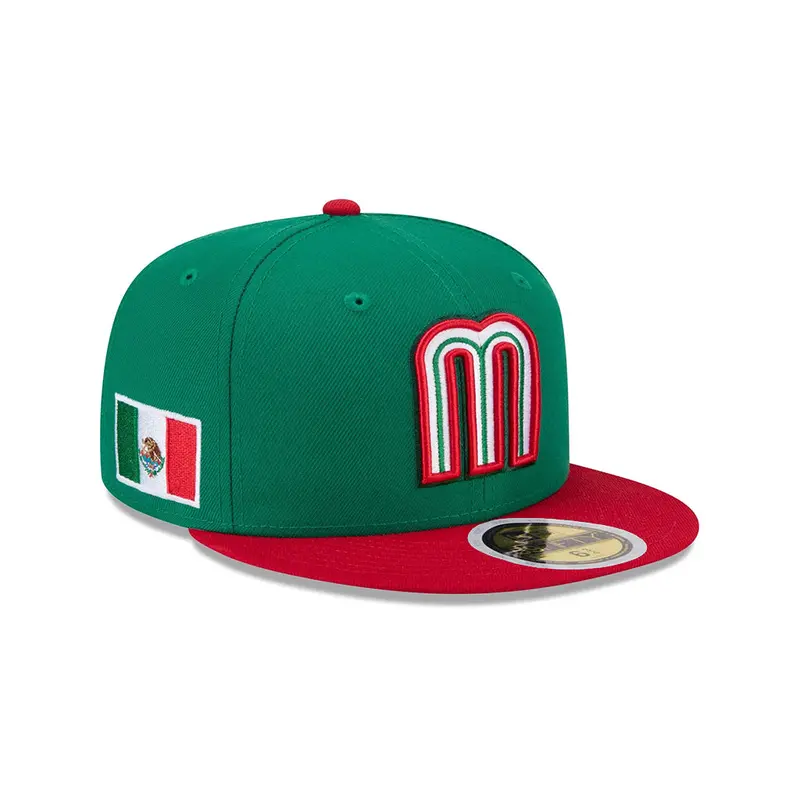Mexico WBC 2026 Youth Fitted Cap – Green & Red Two-Tone Design with National Flag Embroidery