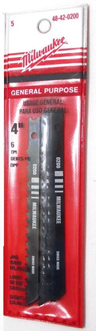 Milwaukee 48-42-0200 U-Shank Jig Saw Blades — 4″ × 6 TPI HCS General Purpose, 5-Pack, Swiss