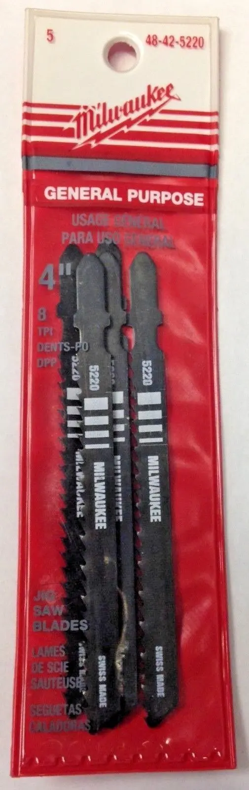 Milwaukee 48-42-5220 Jig Saw Blades — 4″ × 8 TPI General Purpose, 5-Pack, Swiss-Made