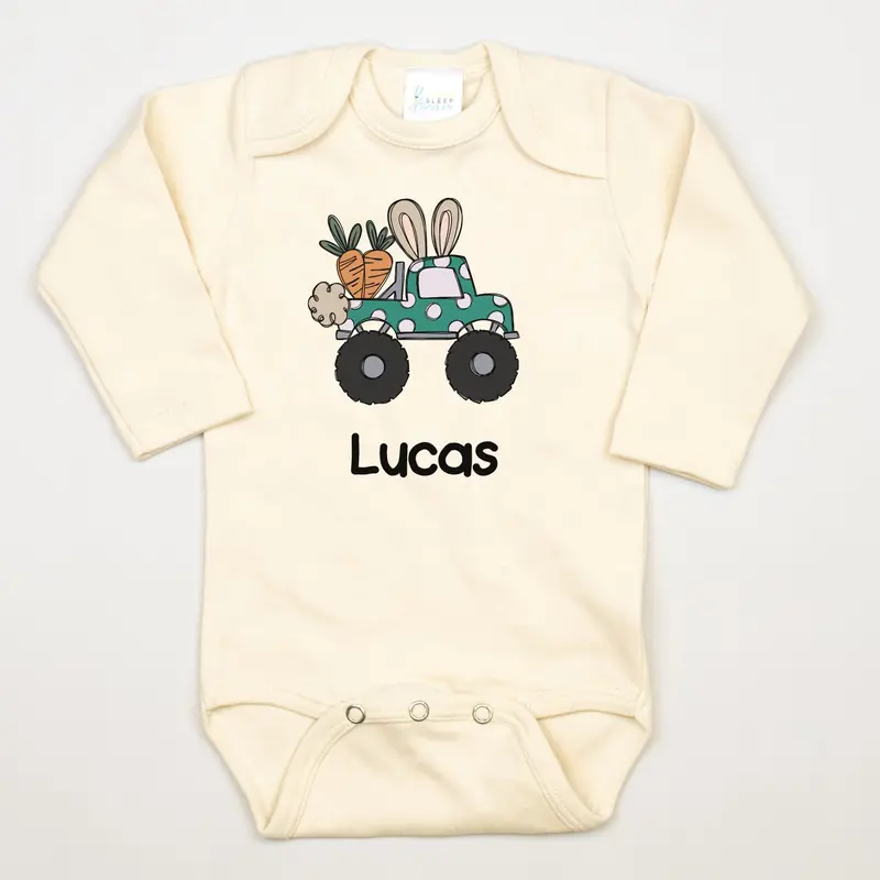 Natural-Fiber Bodysuit with Festive Easter Monster Truck Print