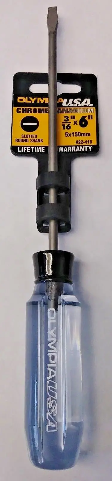 Olympia Chrome-Vanadium Slotted Screwdriver – 3/16″ x 6″, Round Shank, USA-Made (22-416)