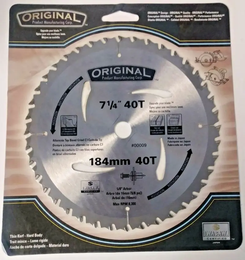 Original 00009 Thin-Kerf Circular Saw Blade – 7-1/4″ x 40T ATB Carbide, Made in Japan