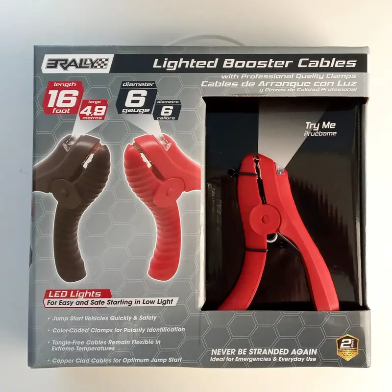 Rally Lighted Jumper Cables – 16 ft, 6-Gauge, Heavy-Duty Clamps (Model 7338)