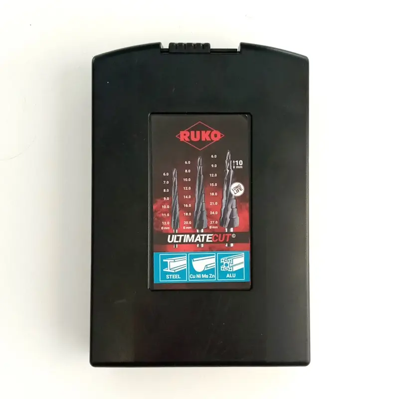 RUKO 101087PRO Step Drill Bit Set — Three Sizes (6–12mm, 6–20mm, 6–27mm), HSS, German Engineering