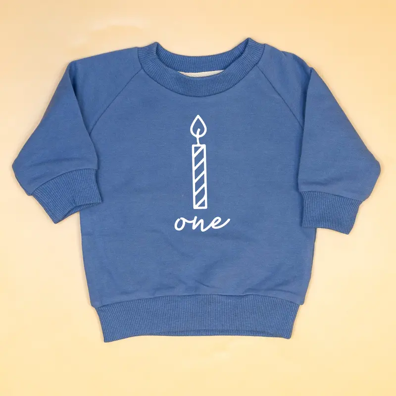 Slate Blue Sweatshirt Featuring Numbered Birthday Candles (1–3)