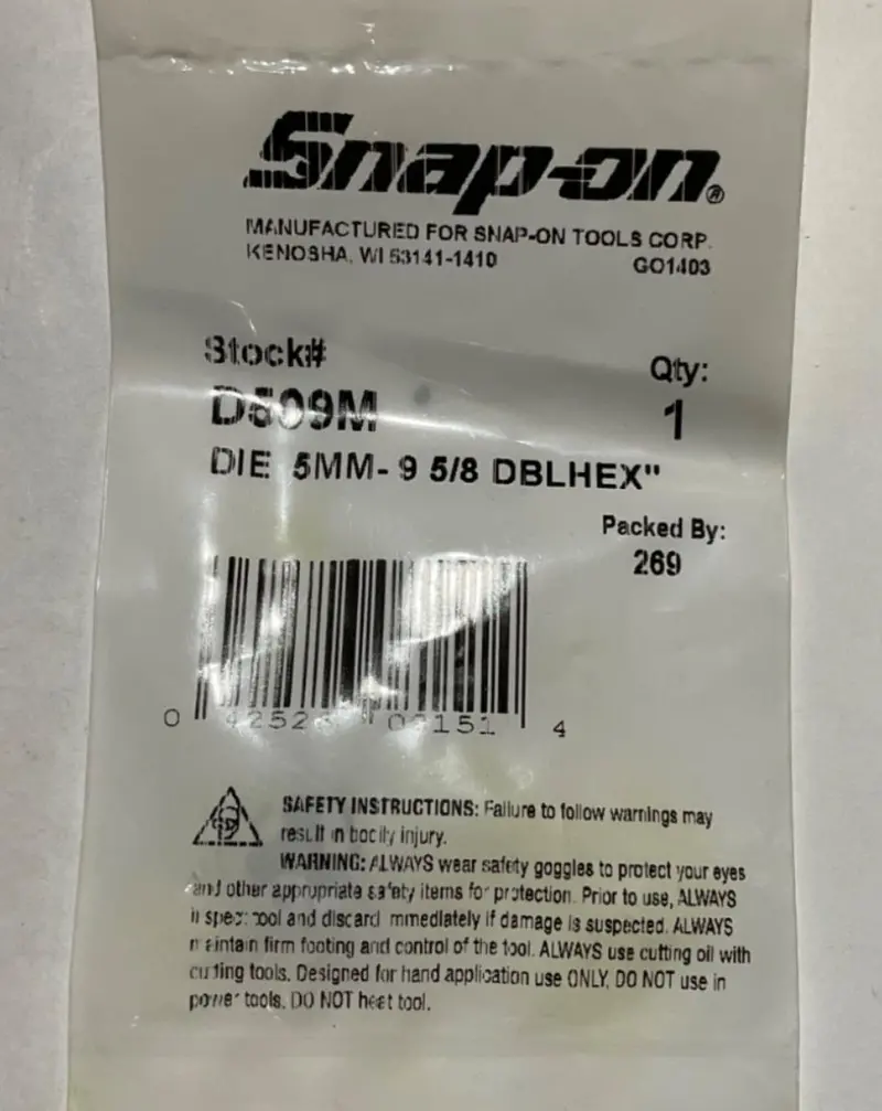 Snap-On Double Hex Die Set: 5mm to 9 5/8″ Length